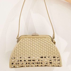 PATENT LEATHER Cream Leather Woven Satchel bag - fur weave patent leather